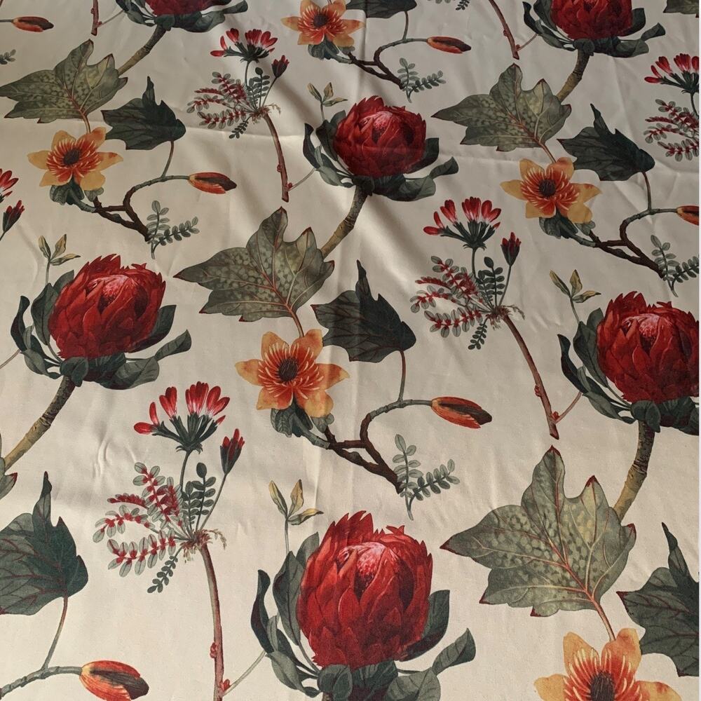 Cream Tablecloth Large Floral Print Red Green Orange 82 x 52 Rectangle Polyester